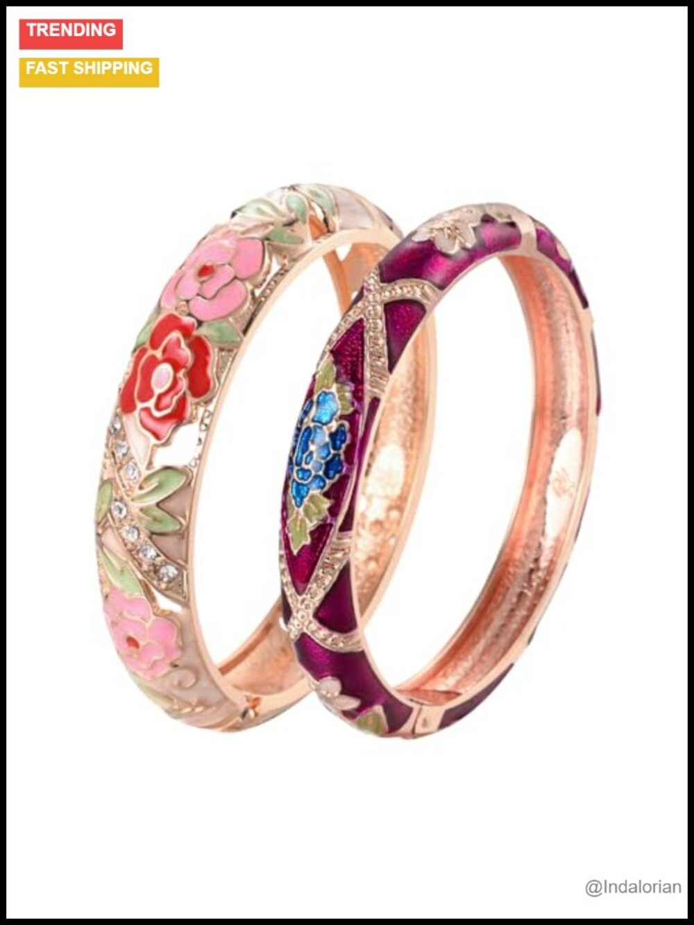 Vintage Cloisonne Enameled Rhinestone Rose Hinged Cuff Bracelet Bangle Set